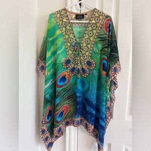 Embellished Peacock-Print Swim Coverup in Green and Blue